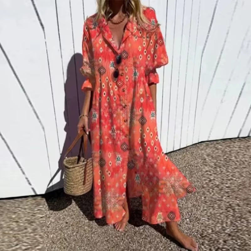 Boho Drift: Retro Print V-Neck Vacation Maxi Dress 2025